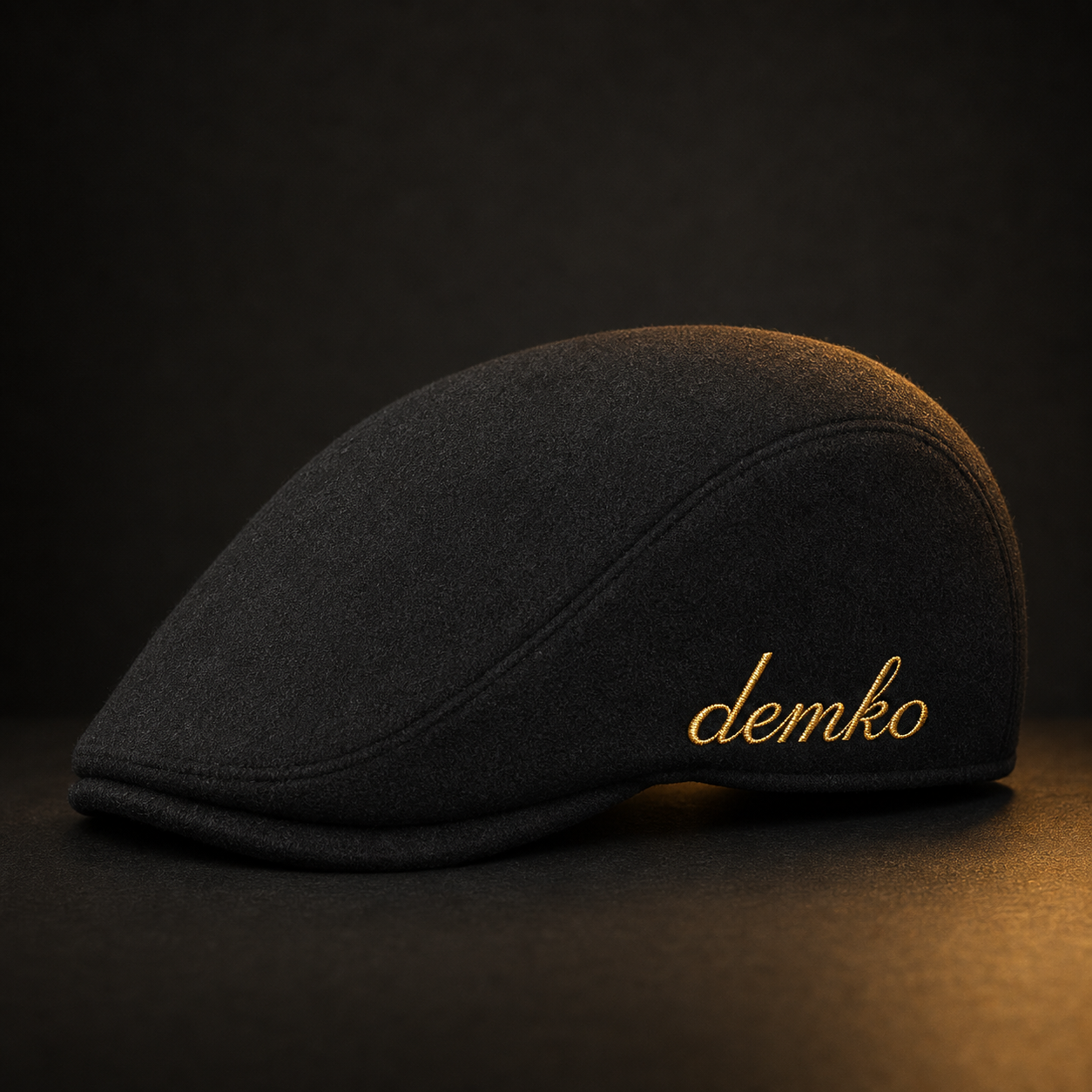 Black English flat cap with the gold demko logo embroidered on the side