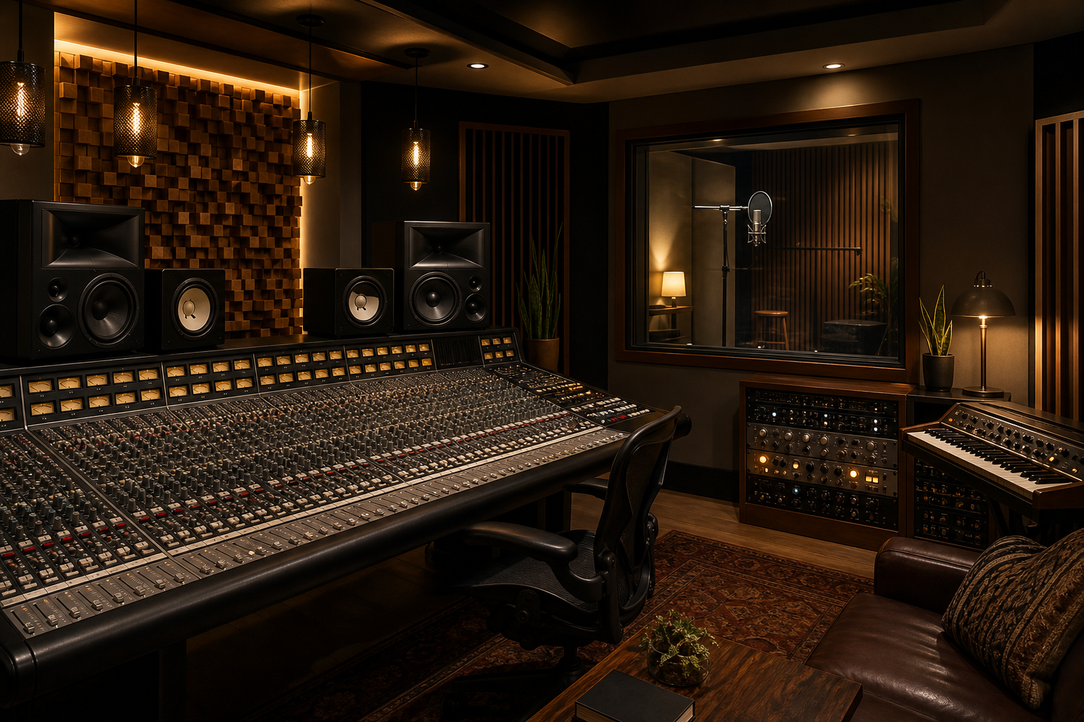 Warmly lit professional recording studio with an analog console and vocal booth